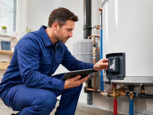 Technicien chauffagiste diagnostiquant une panne de chauffe-eau dans un logement